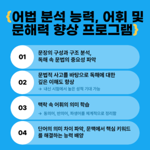 어법 분석 능력, 어휘 및 문해력 향상 프로그램, 맞춤형 커리큘럼, 노원구 영어학원, 빵쌤영어경영학원, 하계동 영어학원, 중계동 영어학원